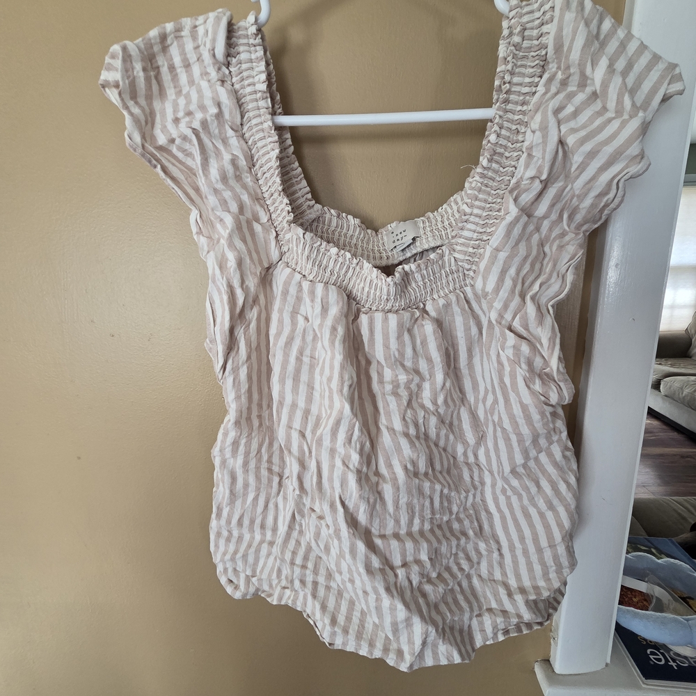 a new day Cream and Tan Striped Smocked-Neck Blouse